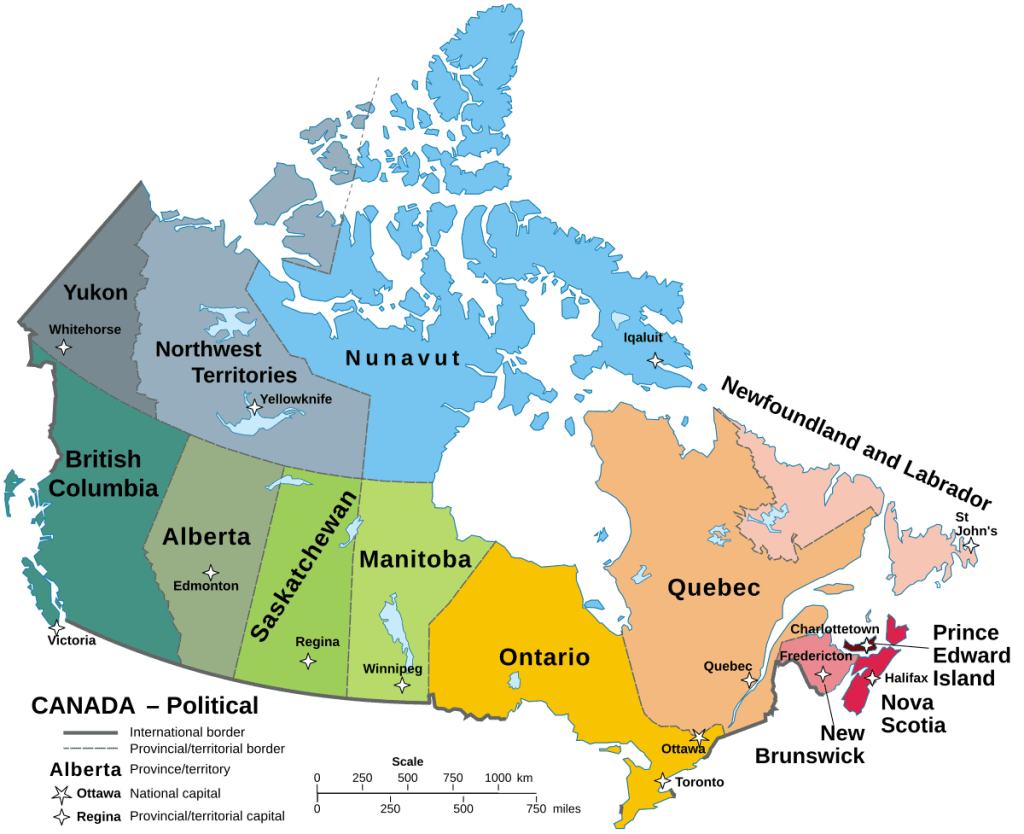 Bản đồ Canada với các tỉnh bang, lãnh thổ và vị trí thành phố chính
